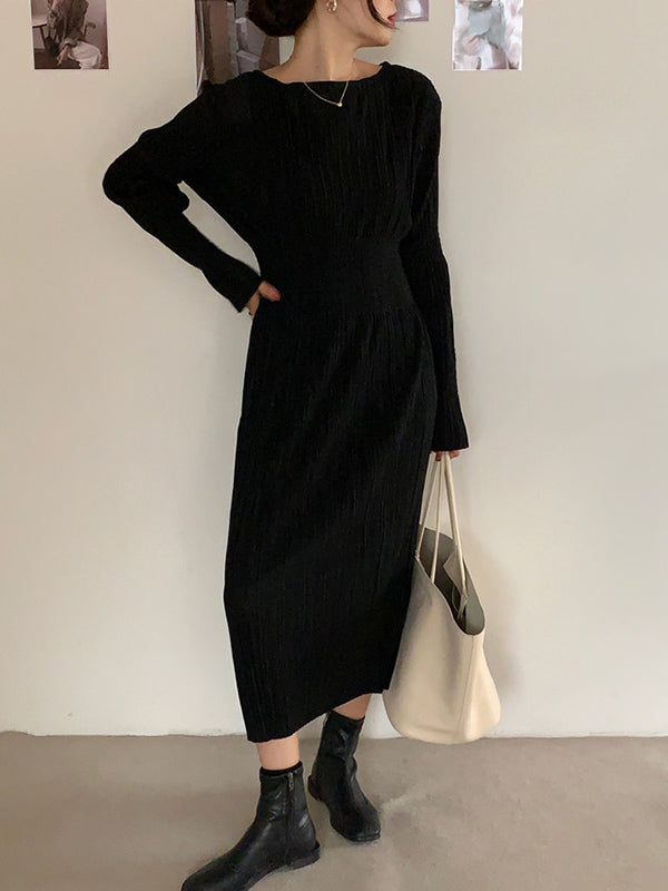 Simple Long Sleeves Black Split-joint Elasticity Waist Pleated Midi Dress