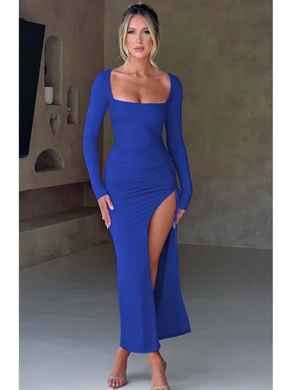 Bodycon High Split Drawstring Dress Long Sleeve Tight Evening Dress Party Female Maxi Dress Autumnnew