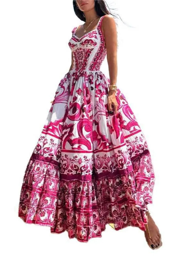 Color Printed Backless Spaghetti Strap Long Dress Sleeveless Vacation Beach Dresses for Female Vestidos