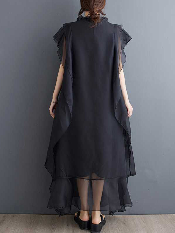 Loose Ruffle Sleeves Falbala Ruffled Color Round-neck Midi Dresses