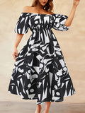 A-line Espadrilles Contrast Color Elasticity Pleated Pockets Printed Off-the-shoulder Midi Dresses