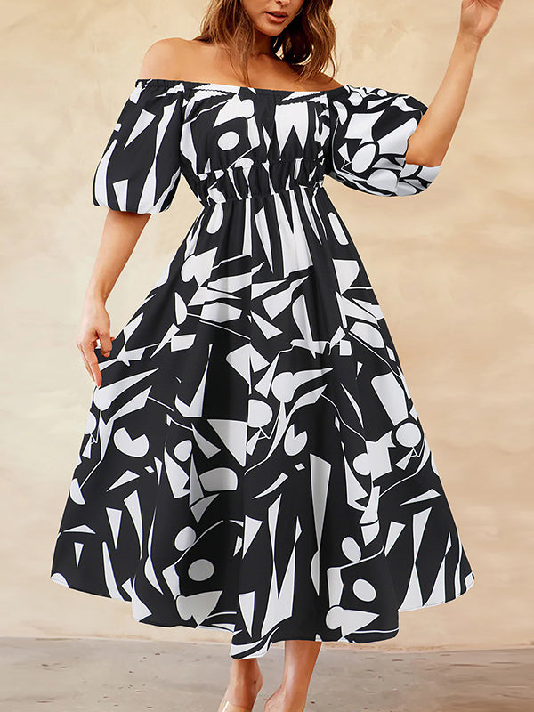 A-line Espadrilles Contrast Color Elasticity Pleated Pockets Printed Off-the-shoulder Midi Dresses