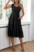 Black U-neck Sleeveless Ruched Tiered Ruffled Midi Dress