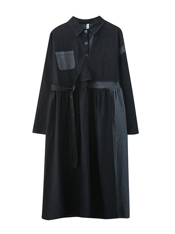 Original Loose Denim Split-joint Tied Lapel Collar Long Sleeves Midi Dress