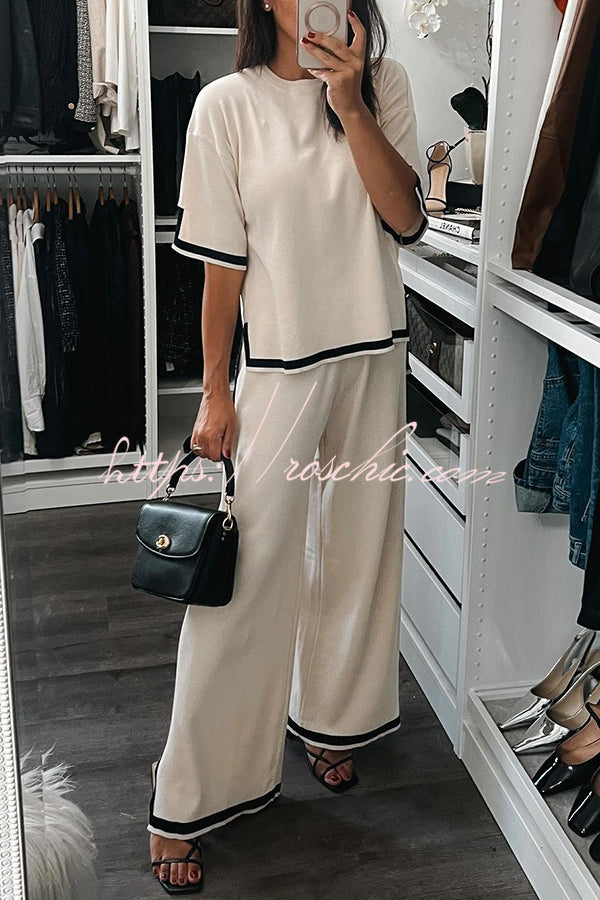 Lounge or Wear Knit Patchwork Color Block Short Sleeve Top and Elastic Wide Leg Pants