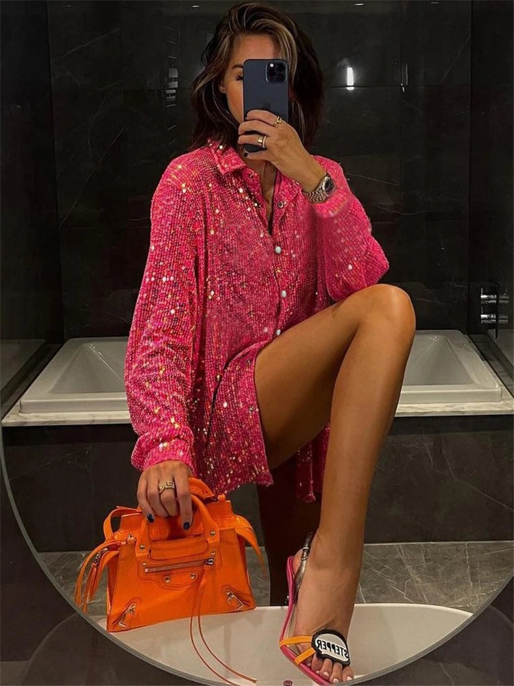 Sparkly Two-piece Set Party Outfits for Sequin Top Blouse Shirt and Pants Suit Female Evening Tracksuit New