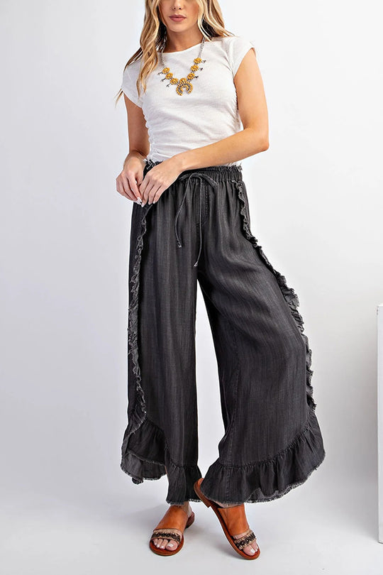 Color Ruffled Elastic Waist Tie Loose Denim Flared Pants