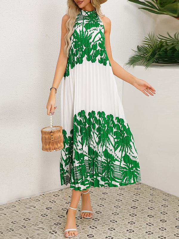 A-line Loose Hollow Pleated Printed Tied Mock Neck Midi Dresses