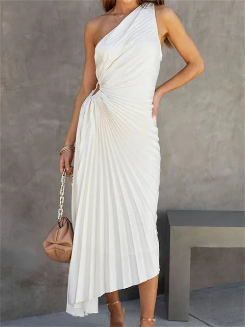 Female Dress Gown Pleated One-shoulder Sleeveless Summer Party Dress Slim for Maxi Dress