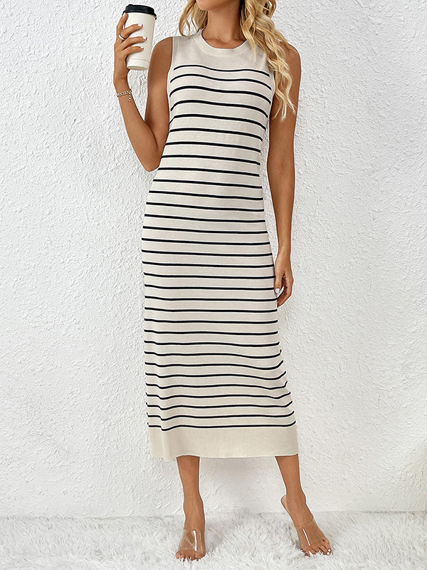 Loose Sleeveless Striped Round-neck Knit Dresses Midi Dresses