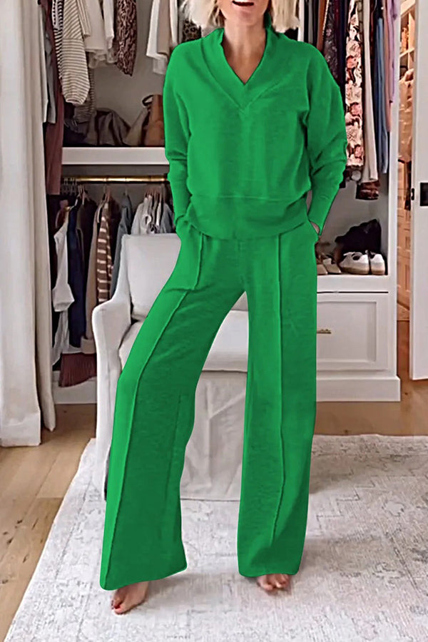 Weather Gets Cold Color V-neck Top and Elastic Waist Pocketed Lounge Pants Set