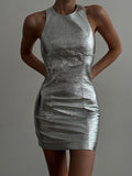 Skinny Backless Color Split-joint Zipper Round-neck Mini Dresses