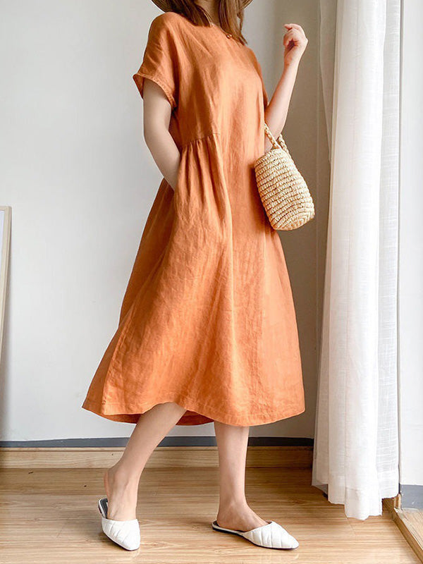 Loose Color Round-neck Midi Dresses