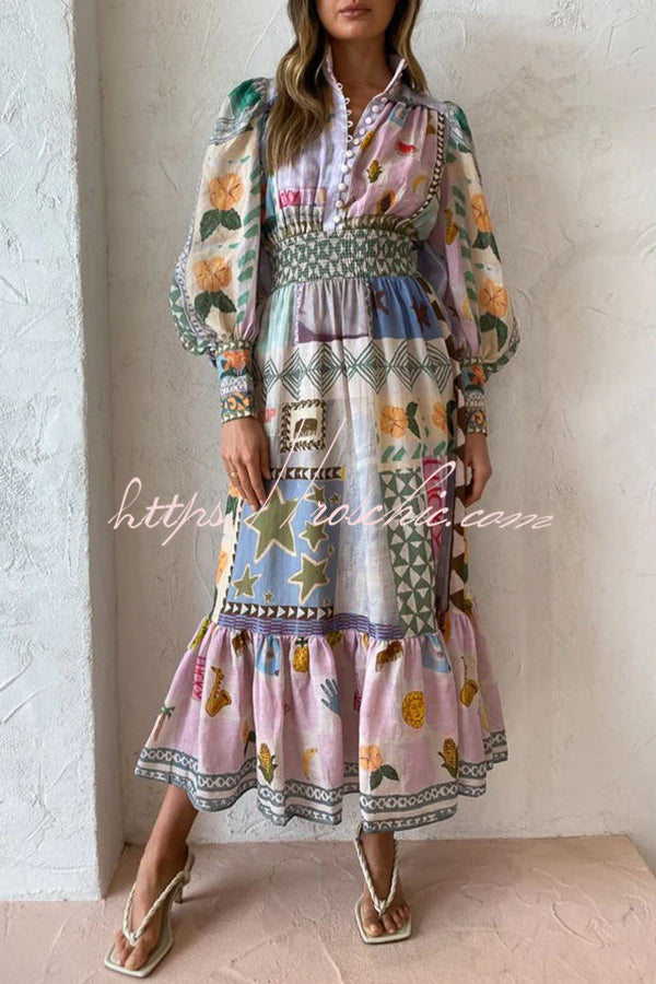 Playfully Unique Print Balloon Sleeve Smocked Waist Shirt Midi Dress