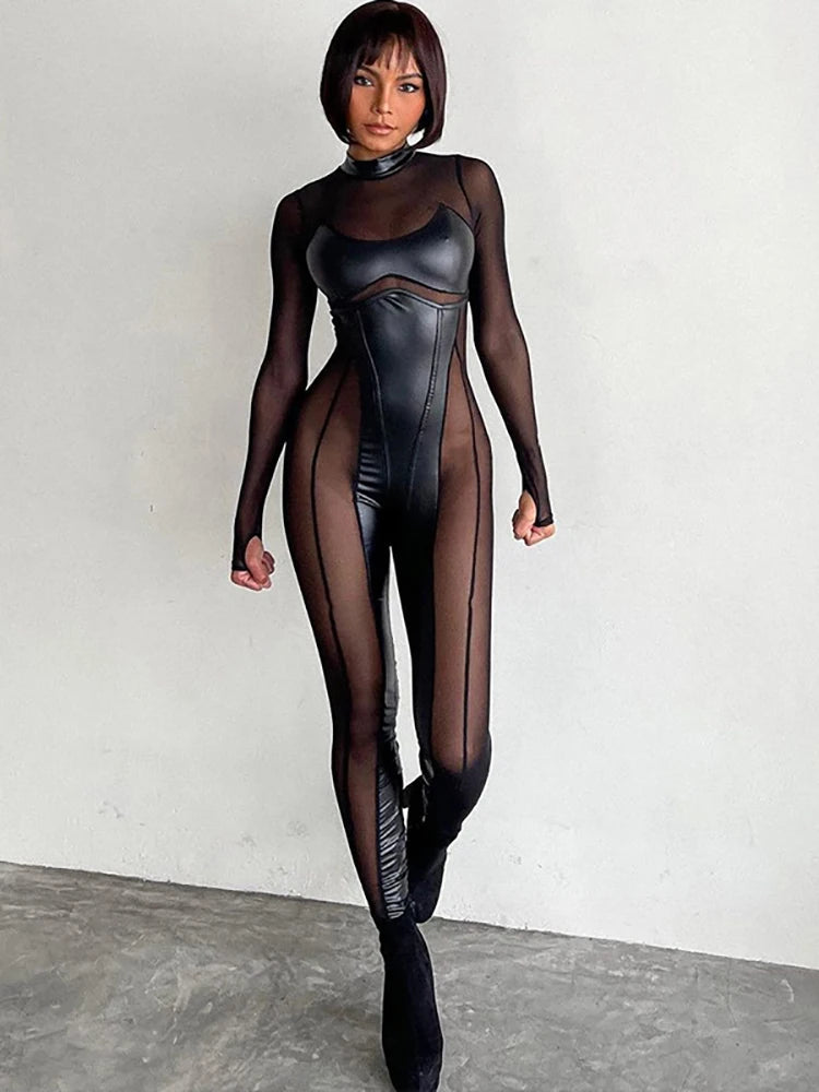 Patchwork Long Sleeve Jumpsuit Black Mesh See Through Rompers Jumpsuits High Street Overalls Outfits