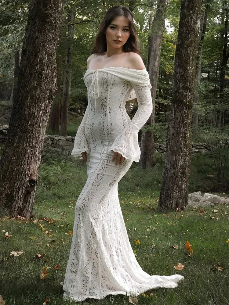 Autumn Lace Off-shoulder Long Dress for See-through Printed Lace-up High Waist Female Party Dress New