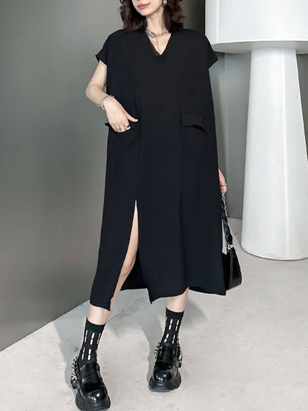 Loose Short Sleeves Asymmetric Color Split-joint Split-side V-neck Midi Dresses