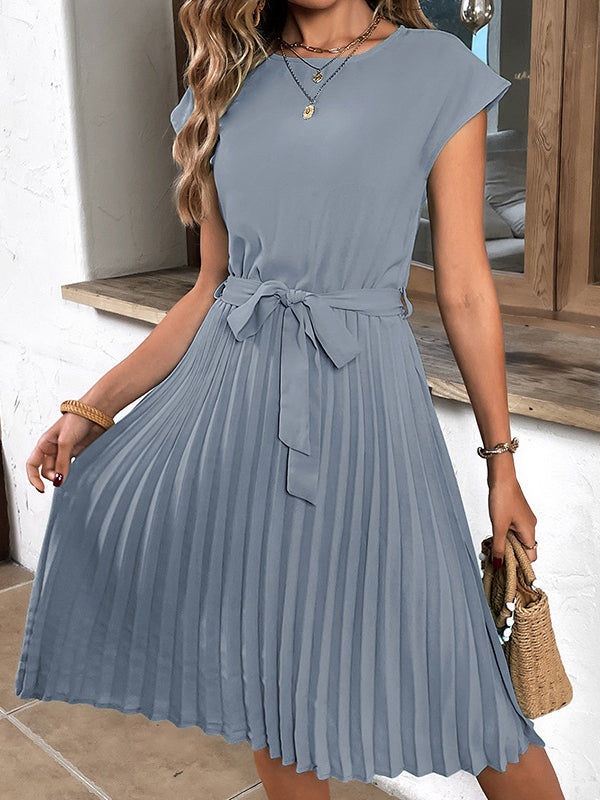 A-line Loose Pleated Color Tied Waist Round-neck Midi Dresses