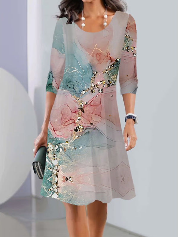 Long Sleeves Flower Print Multi-colored Printed Round-neck Midi Dresses