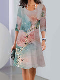 Long Sleeves Flower Print Multi-colored Printed Round-neck Midi Dresses