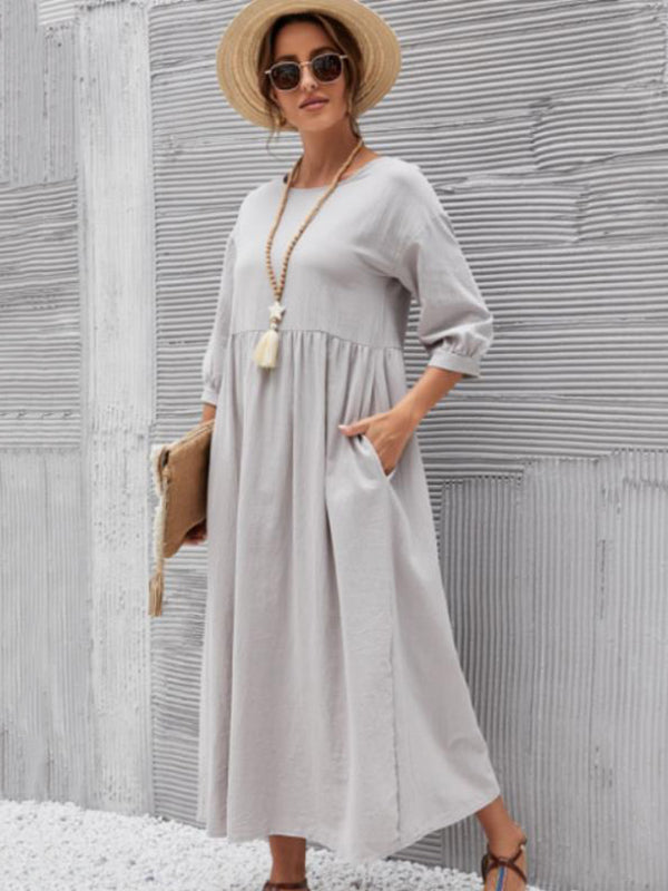 11 Colors Simple Round-neck Color Midi Dress