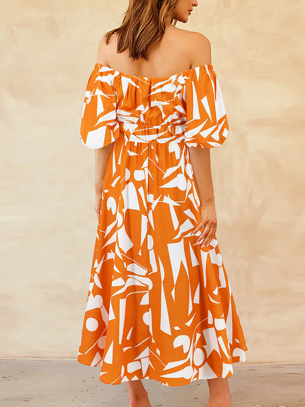 A-line Espadrilles Contrast Color Elasticity Pleated Pockets Printed Off-the-shoulder Midi Dresses