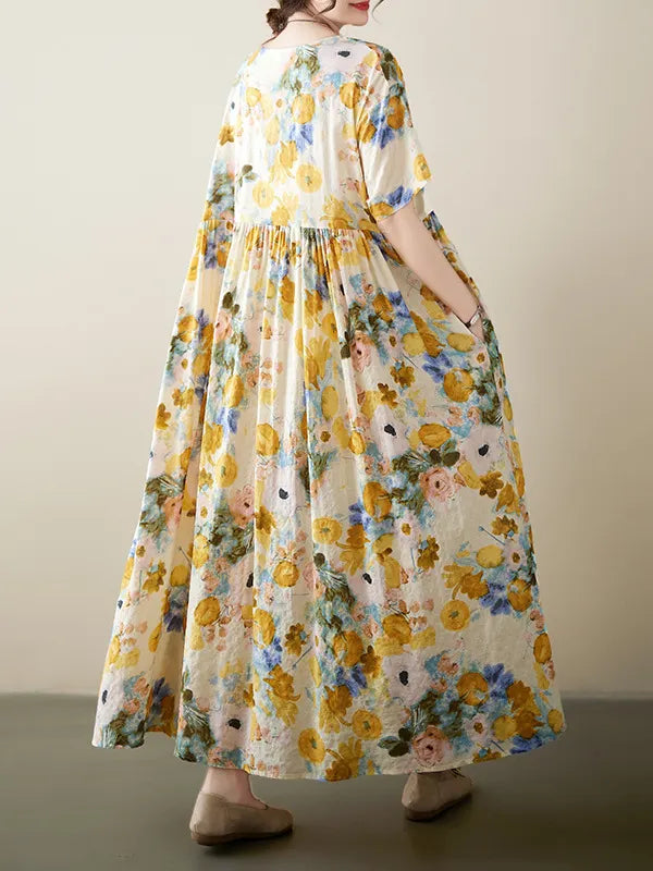 A-line Loose Printed Round-neck Midi Dresses