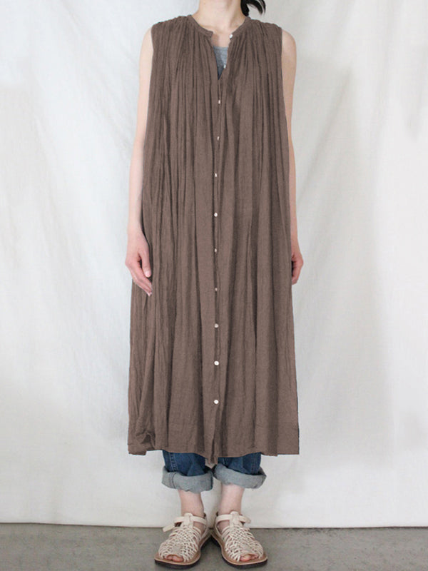 Loose Sleeveless Pleated See-through Round-neck Midi Dresses