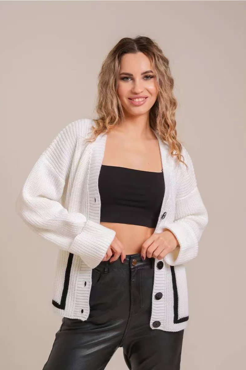 Colorblock Pocket V-neck Knit Cardigan