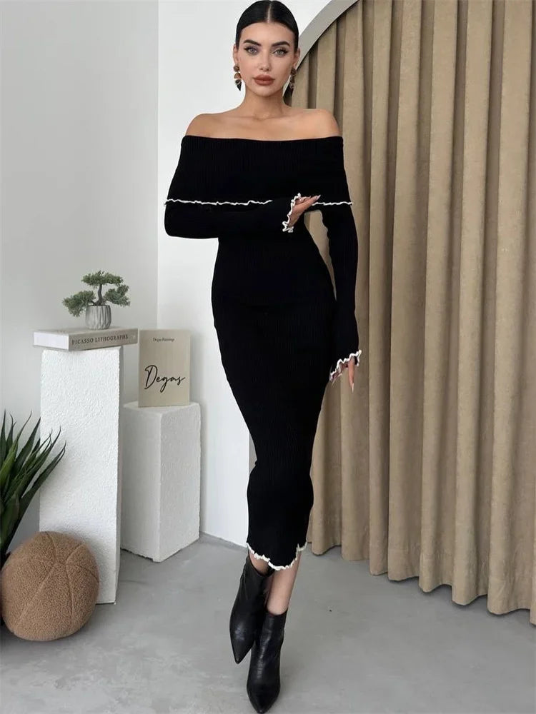Ruffled Slim Knit Dress ’s Backless Long Sleeve Bandeau Contrast Autumn Party Dress Knitwear Maxi Dress