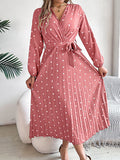 A-line High Waisted Elasticity Pleated Polka-dot Split-joint Tied Waist V-neck Midi Dresses Shirt Dress