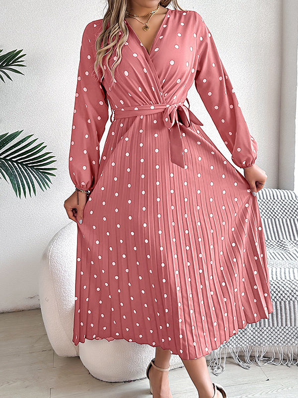 A-line High Waisted Elasticity Pleated Polka-dot Split-joint Tied Waist V-neck Midi Dresses Shirt Dress