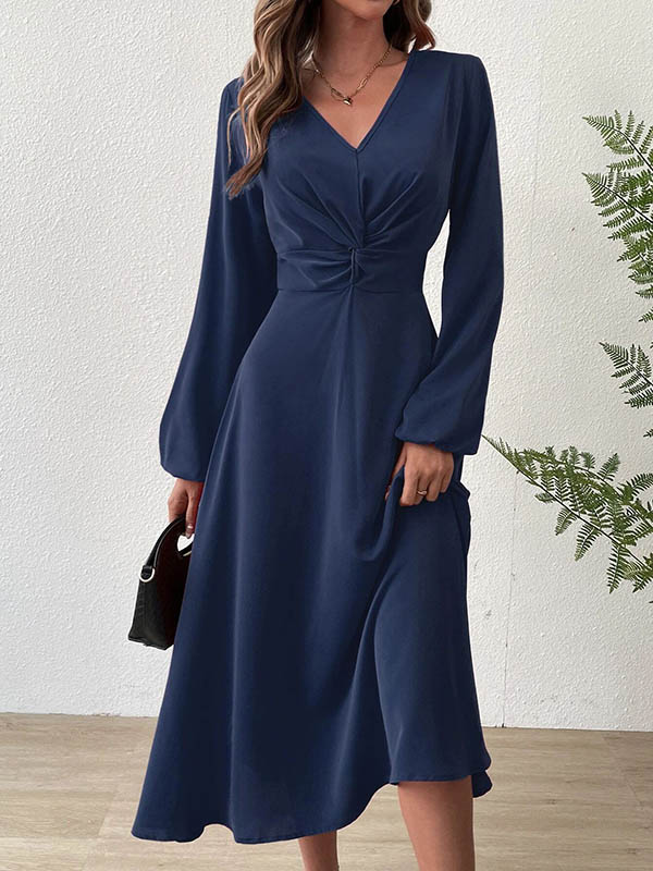 A-line High Waisted Pleated Color Zipper V-neck Midi Dresses