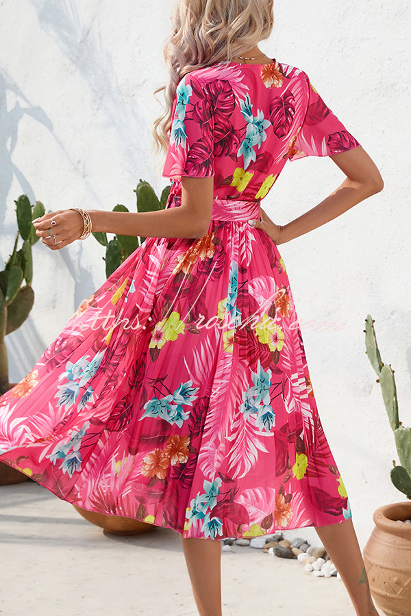 Paulette Contrast Print Belted Pleated Midi Dress