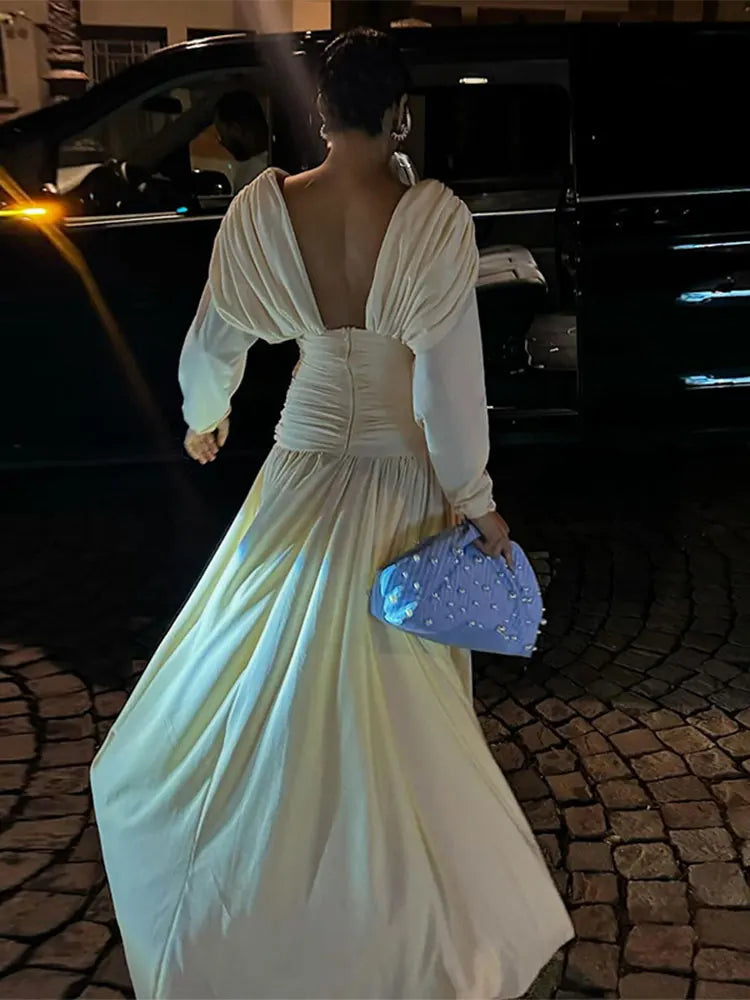 V-neck Draped Maxi Dress Long Sleeves Backless Slim Dresses New Summer Female High