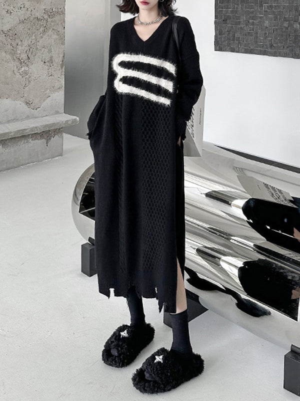 Long Sleeves Loose Split-joint Split-side V-neck Midi Dresses Sweater Dresses
