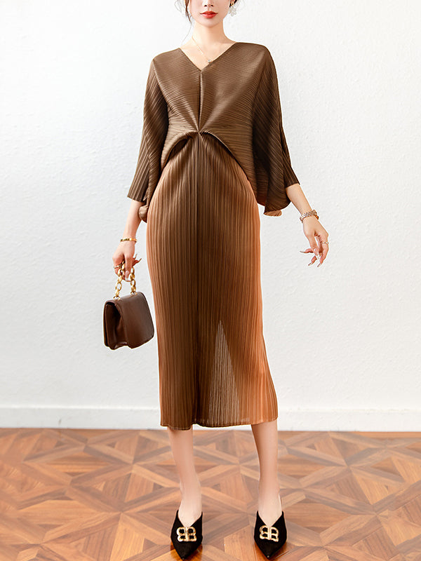 Loose Batwing Sleeves Gradient Pleated Midi Dress