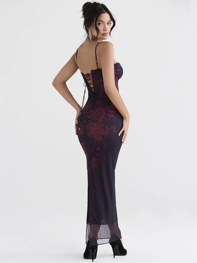 Purple Print Long Fishtail Dress for Robe New Spaghetti Strap Sleeveless Backless Ruched Maxi Dress Vestidos