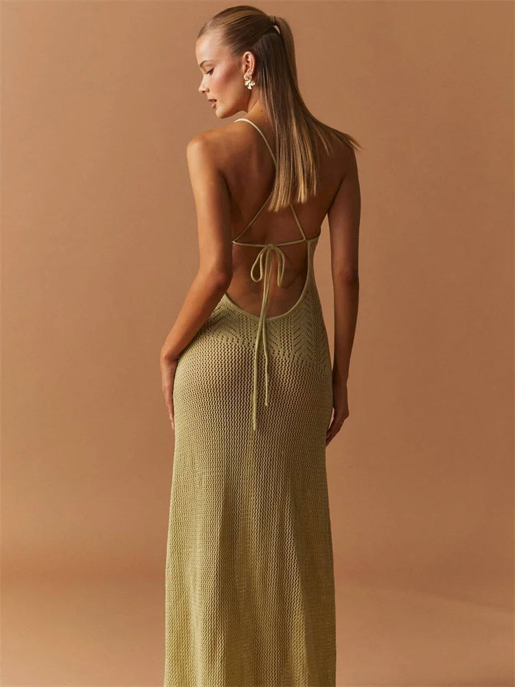Summer Knit Bandage Maxi Dress Female Hollow Out See-through Printed High Waist Backless Beach Holiday Long Dress