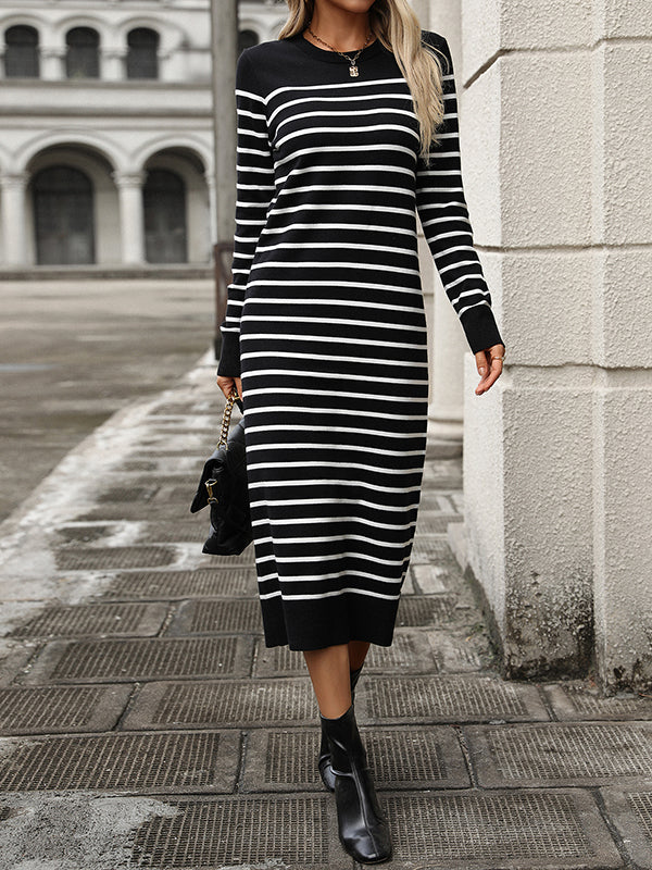 Long Sleeves Loose Split-joint Striped Round-neck Midi Dresses Sweater Dresses