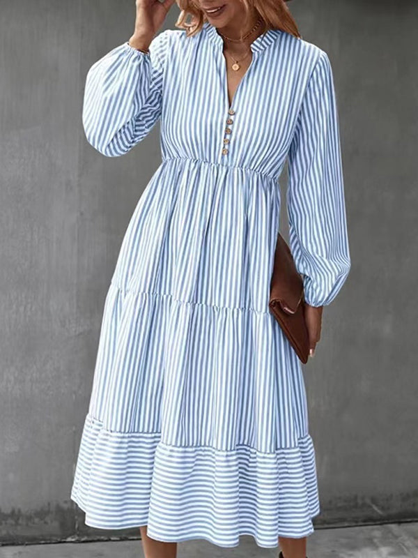 Loose Puff Sleeves Pleated Split-joint Striped V-neck Midi Dresses Shirt Dress