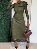 A-line Long Sleeves Bowknot Color Split-joint Round-neck Midi Dresses