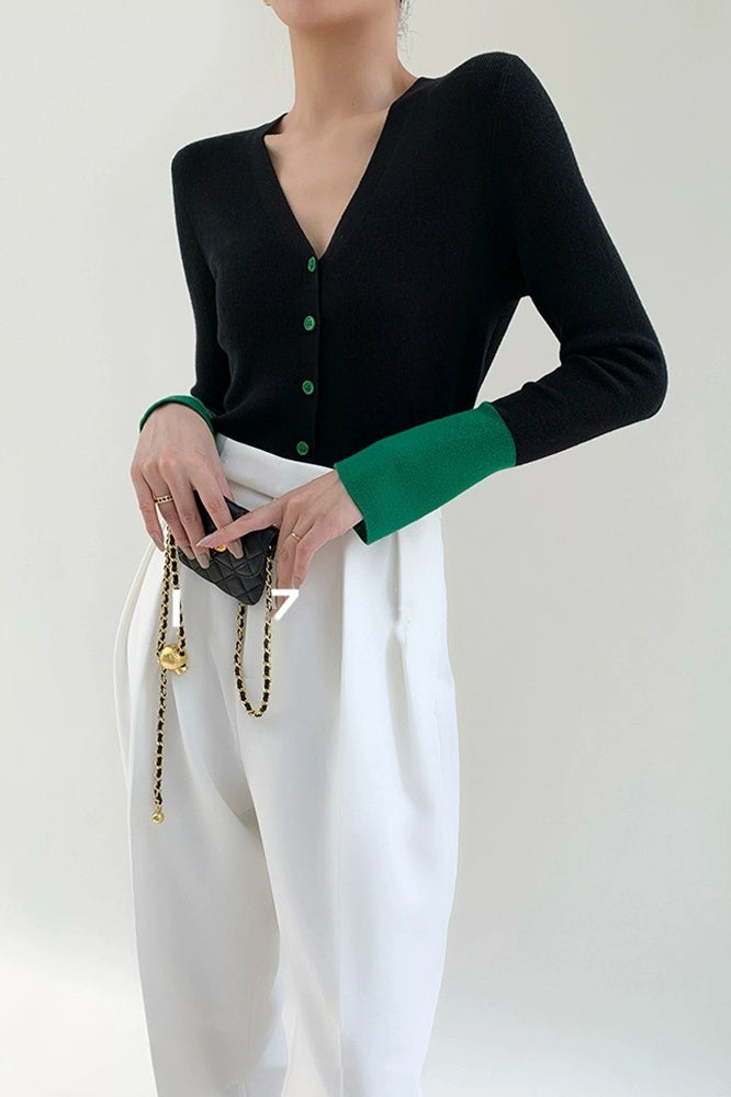 Flare Sleeve Colorblock Knit V-neck Cardigan