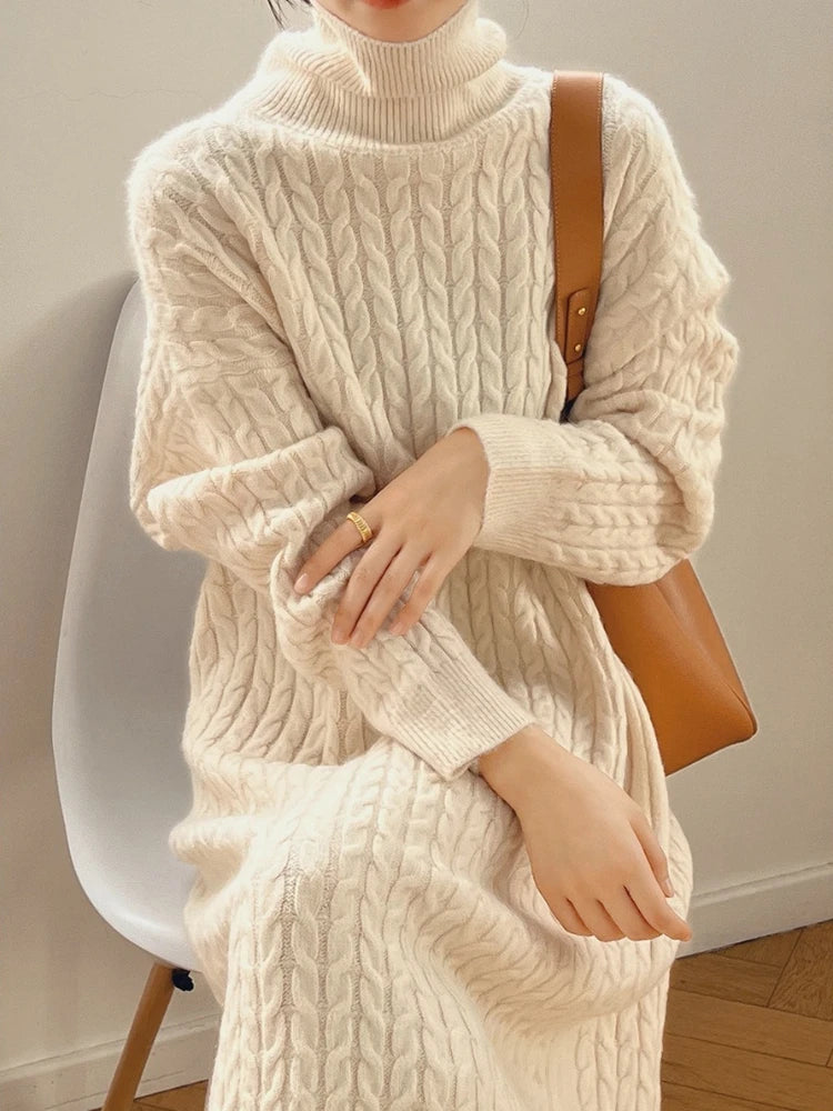 Knitted Long Dress Loose Long Sleeve Turtleneck Pullover Femme Retro Warm Sweater Knitwear Cover Up