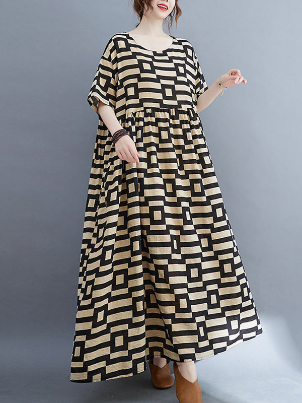 Loose Short Sleeves Plaid Round-neck Midi Dresses