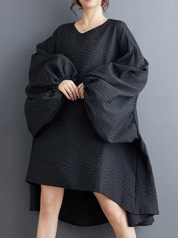 High-low Long Sleeves Elasticity Color Split-joint Round-neck Midi Dresses