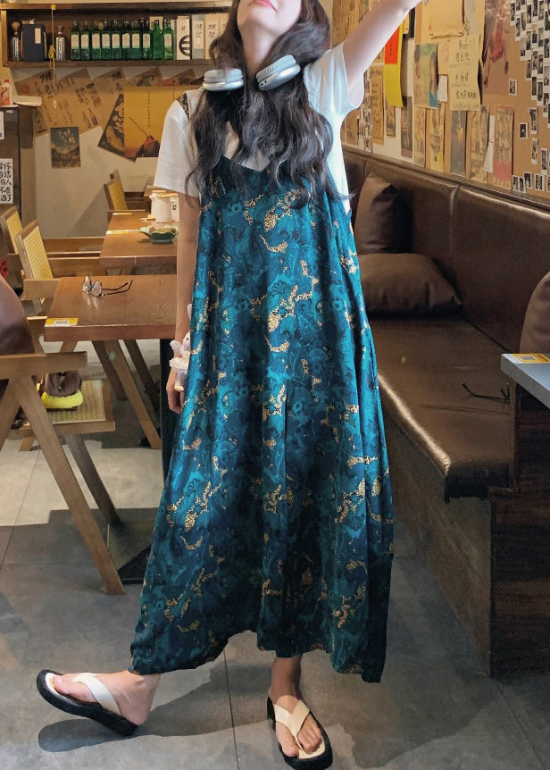 Loose Pants Cotton Print Jumpsuits Waist Blue Summer High