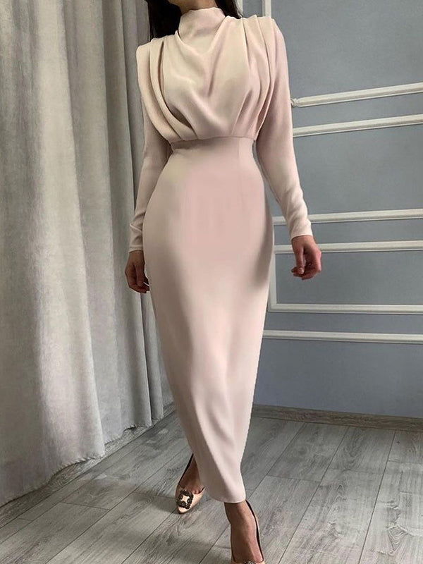 High Waisted Long Sleeves Pleated Color Mock Neck Midi Dresses
