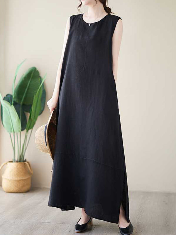 A-line Loose Color Round-neck Midi Dresses