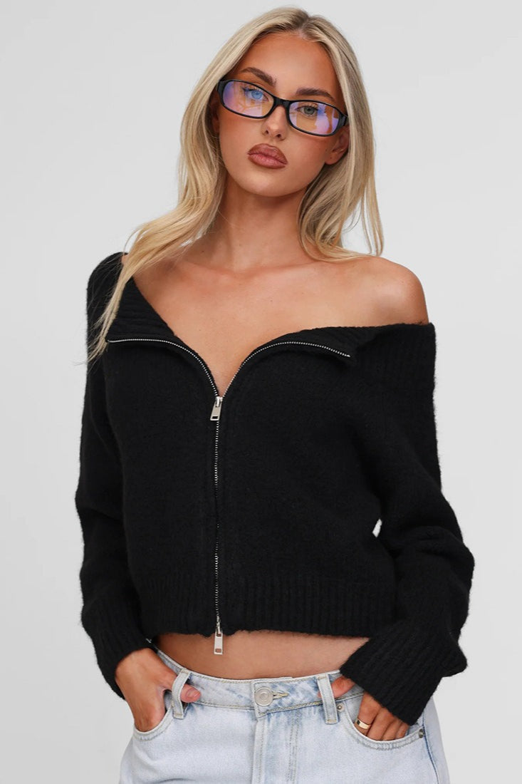 Off-shoulder Retro Double-zip Slim Knit Cardigan